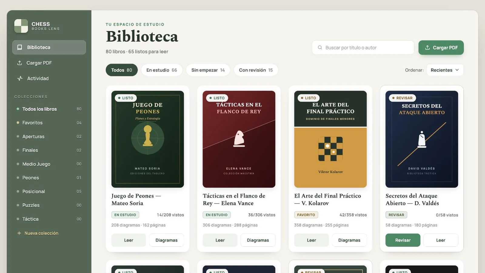 Biblioteca de ejemplo de Chess Books Lens con libros y portadas ficticios